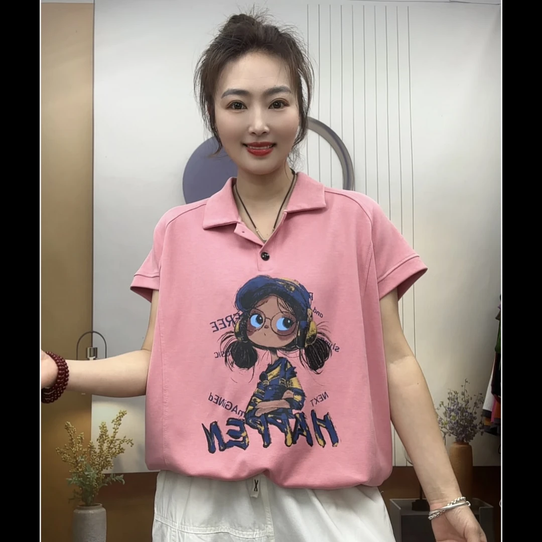 2025夏季新时尚圆领短袖T恤女孩印花宽松显瘦百搭休闲上衣POLO领