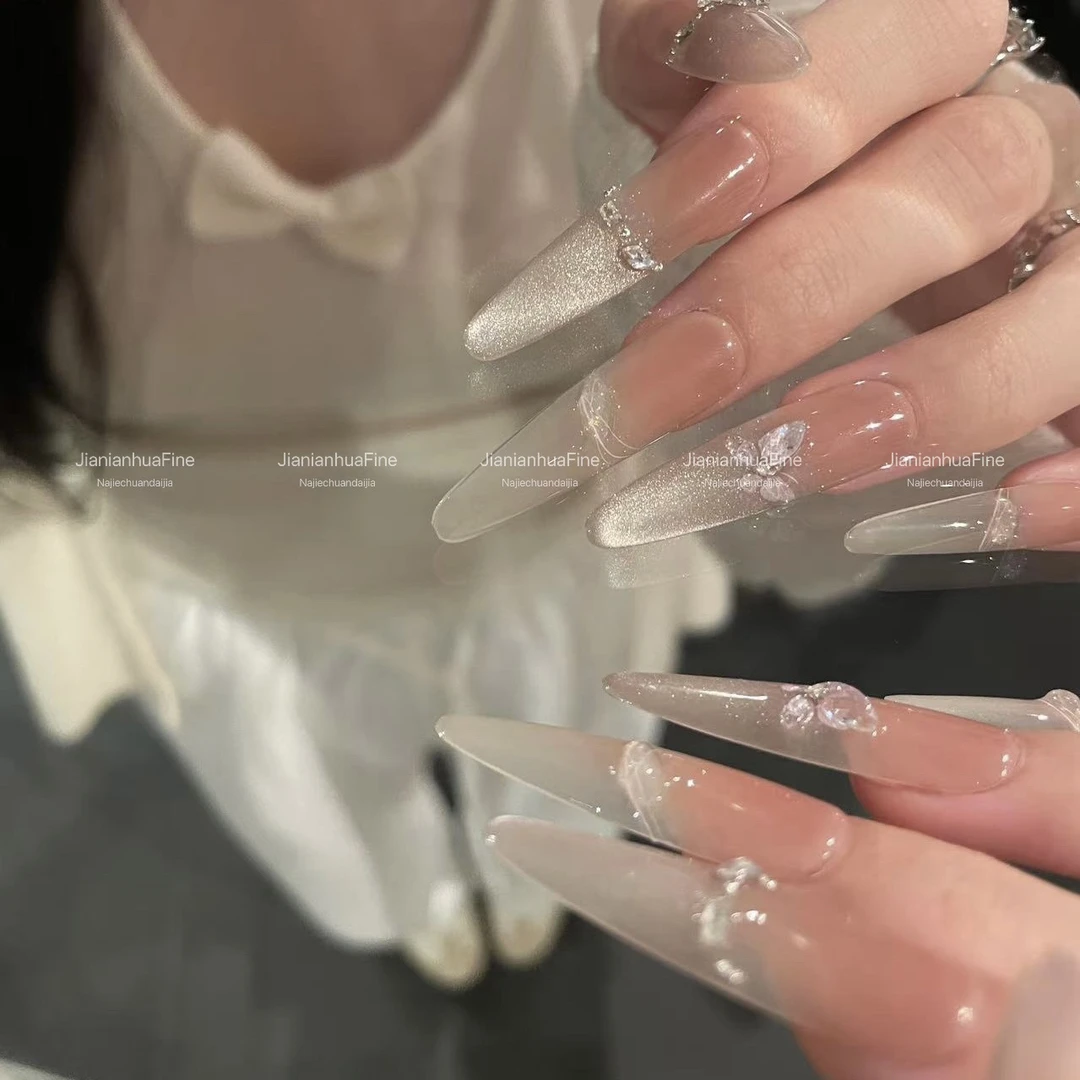 【迷失蝴蝶】手工穿戴甲美甲温柔裸色纯欲感渐变猫眼碎钻蝴蝶立体感
