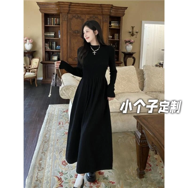 150小矮个子秋冬季针织长袖连衣裙女法式内搭打底裙收腰a字中长裙