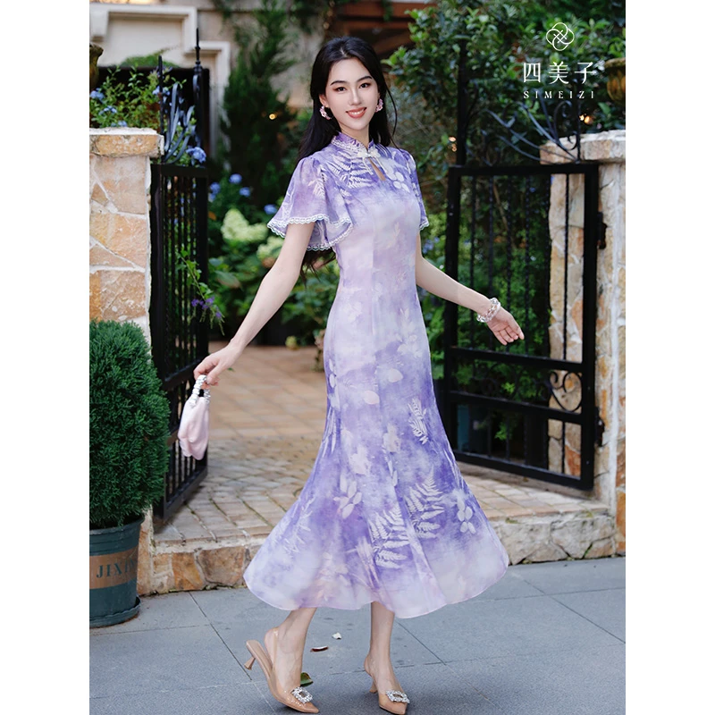 四美子【晚风萤】新款新中式印花剪花鱼尾开叉旗袍裙连衣裙