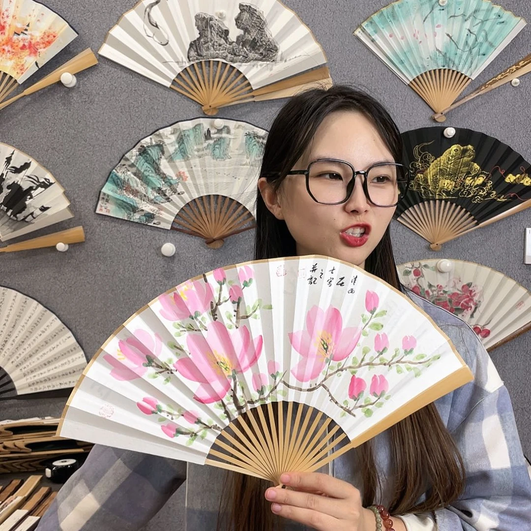 国画8寸玉竹-纯手绘-文玩扇骨（默认粘好）