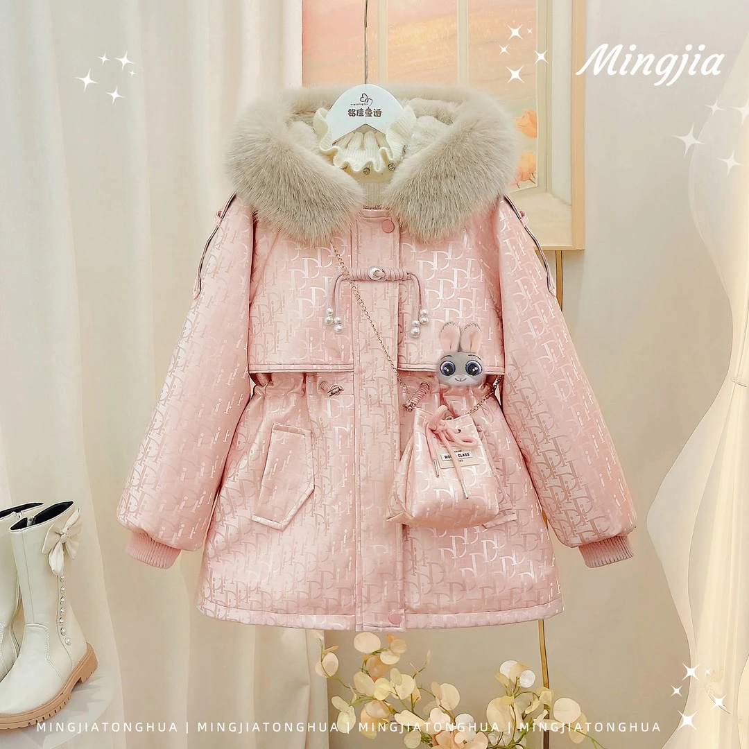 女童毛毛外套2025冬季中大童女孩加绒加厚收腰显瘦连帽皮派克外套