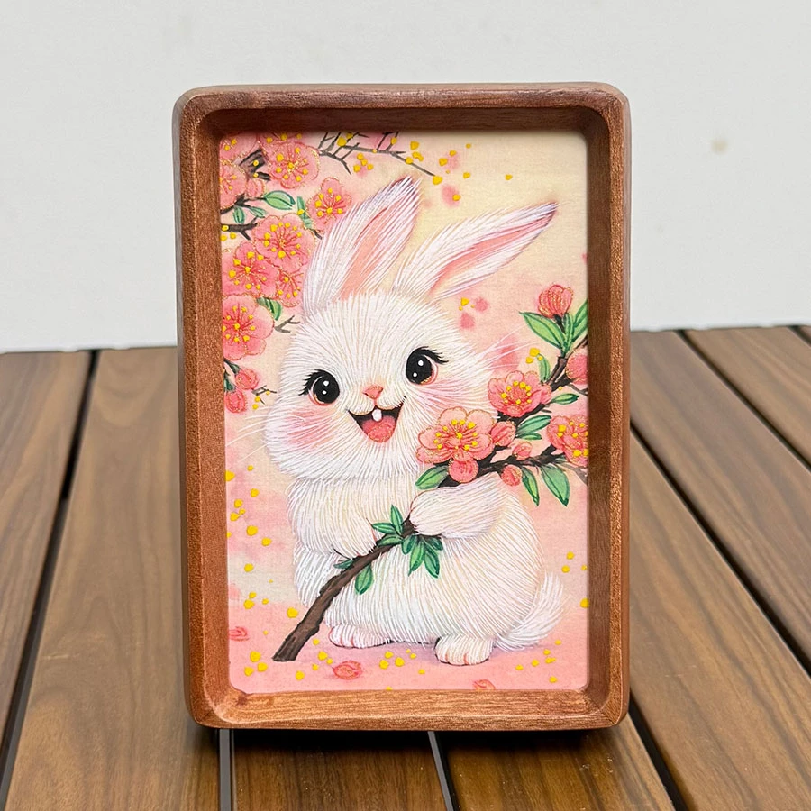 【桃花小兔】6纯手绘国风摆件新中式客厅家居装饰画手绘艺术摆台