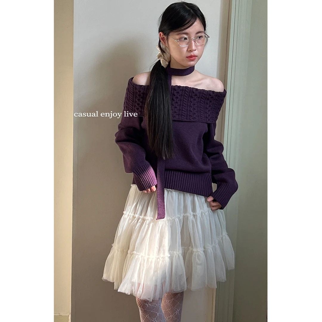 EGGKA 【现现】氛围穿搭配飘带麻花翻领一字肩毛衣E24A4335AF