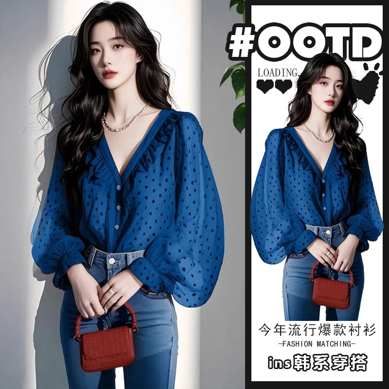 2025春夏新款独特漂亮小衫港风复古v领木耳边雪纺长袖波点衬衫女
