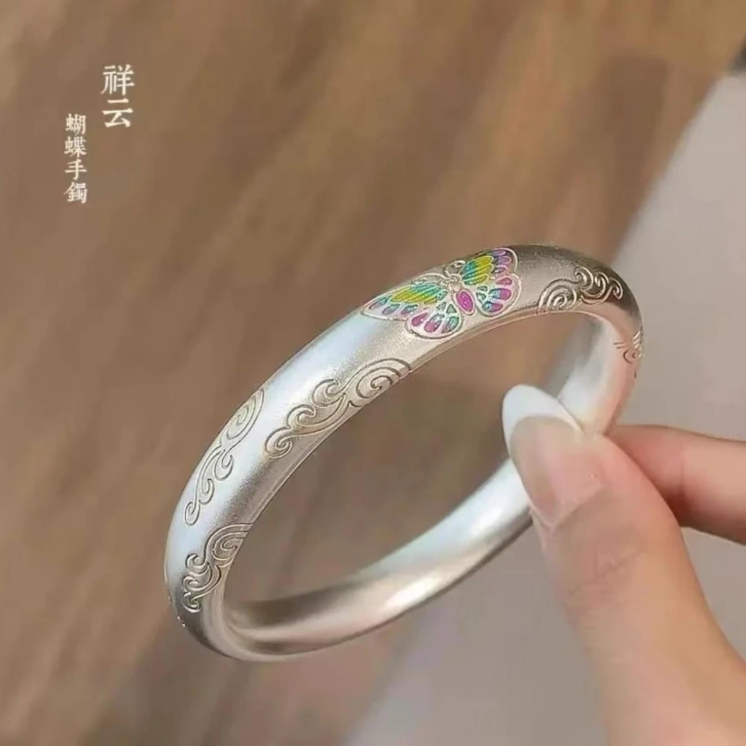 999古法蝴蝶祥云闭口镯实心银手镯气质百搭礼物