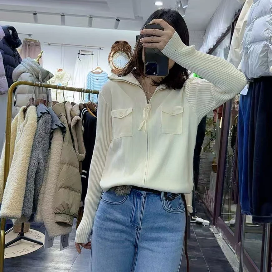 冬季新款半高领高档优雅时尚显瘦拉链针织开衫毛衣女减龄打底百搭