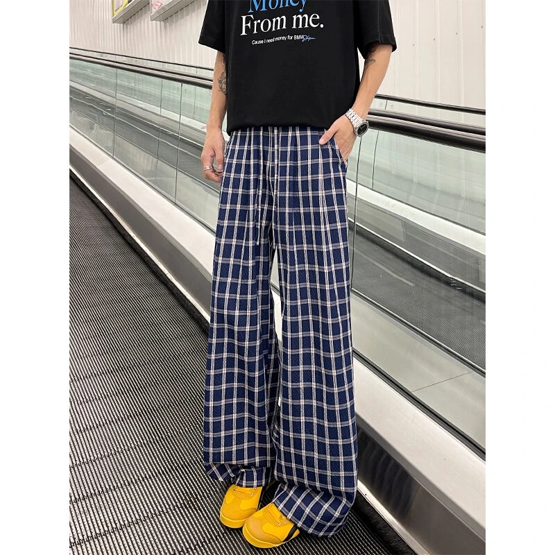藏青色慵懒风格子休闲裤男夏季美式薄款潮牌情侣宽松阔腿直筒裤子