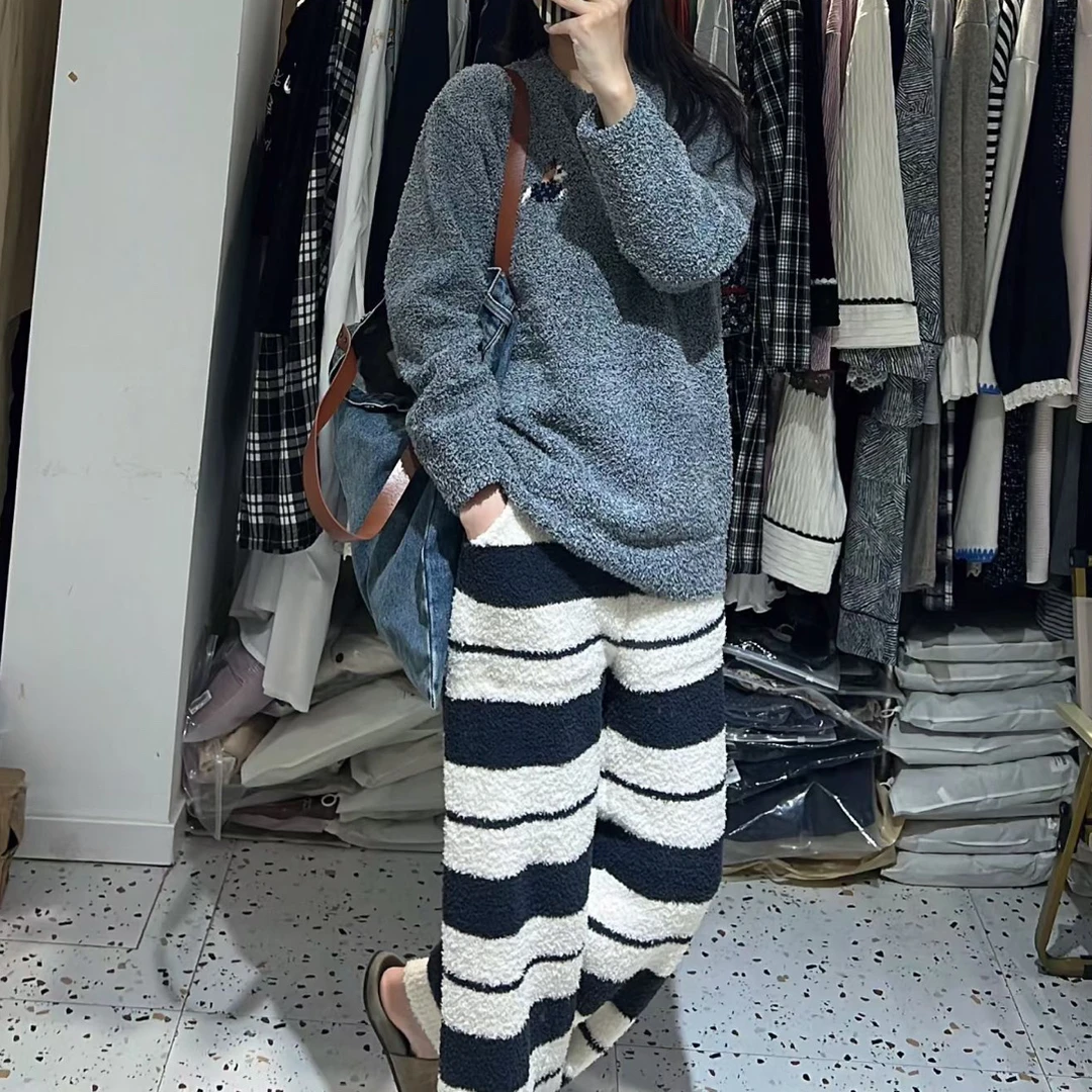 半边绒冬季睡衣套装可外穿保暖宽松加绒加厚家居服秋冬款口袋女款