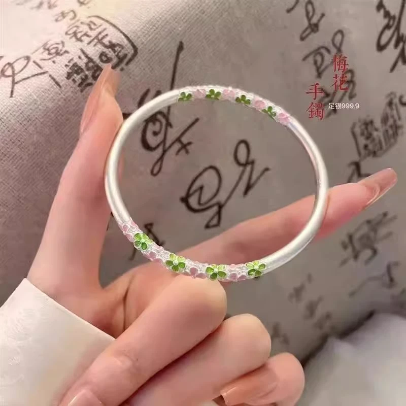 足银手镯 ST足银999珐琅彩梅花纯银手镯女实心古法银镯子