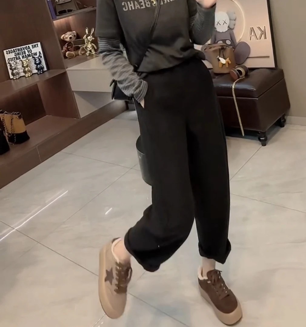 秋冬新款保暖加厚松紧腰九分显瘦裤子