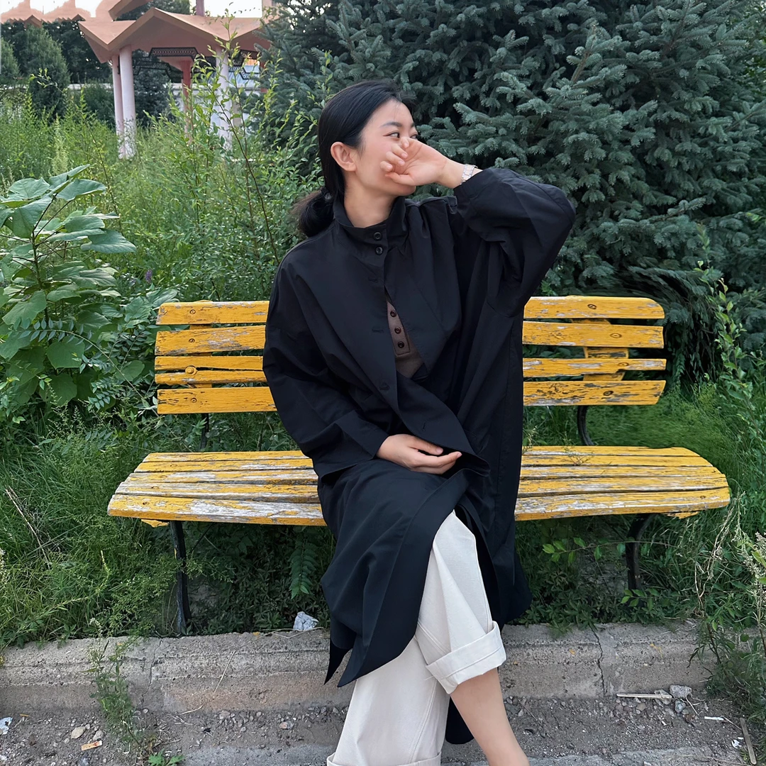 IVY气质早秋黑色立领长款风衣女薄款风衣女