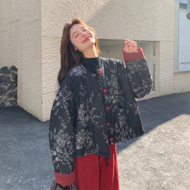 新中式复古千金风印花牛仔棉服加绒阔腿裤2025冬季新款气质两件套