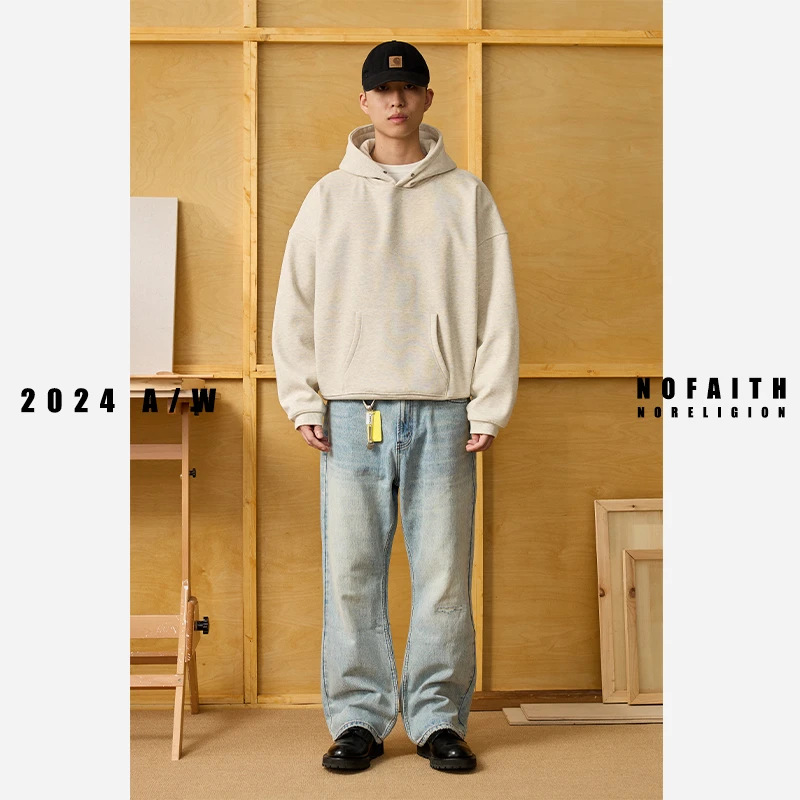 加绒cleanfit短宽卫衣男女冬季日系复古情侣休闲连帽上衣