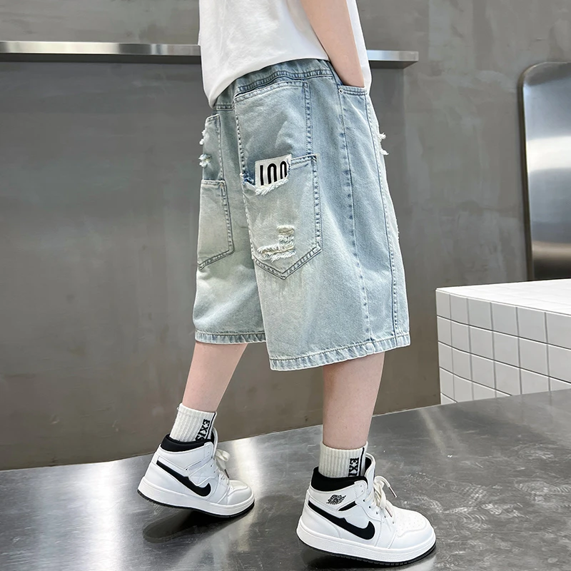 男童牛仔短裤夏装2025新款中大童夏季薄款男孩破洞儿童五分裤子潮