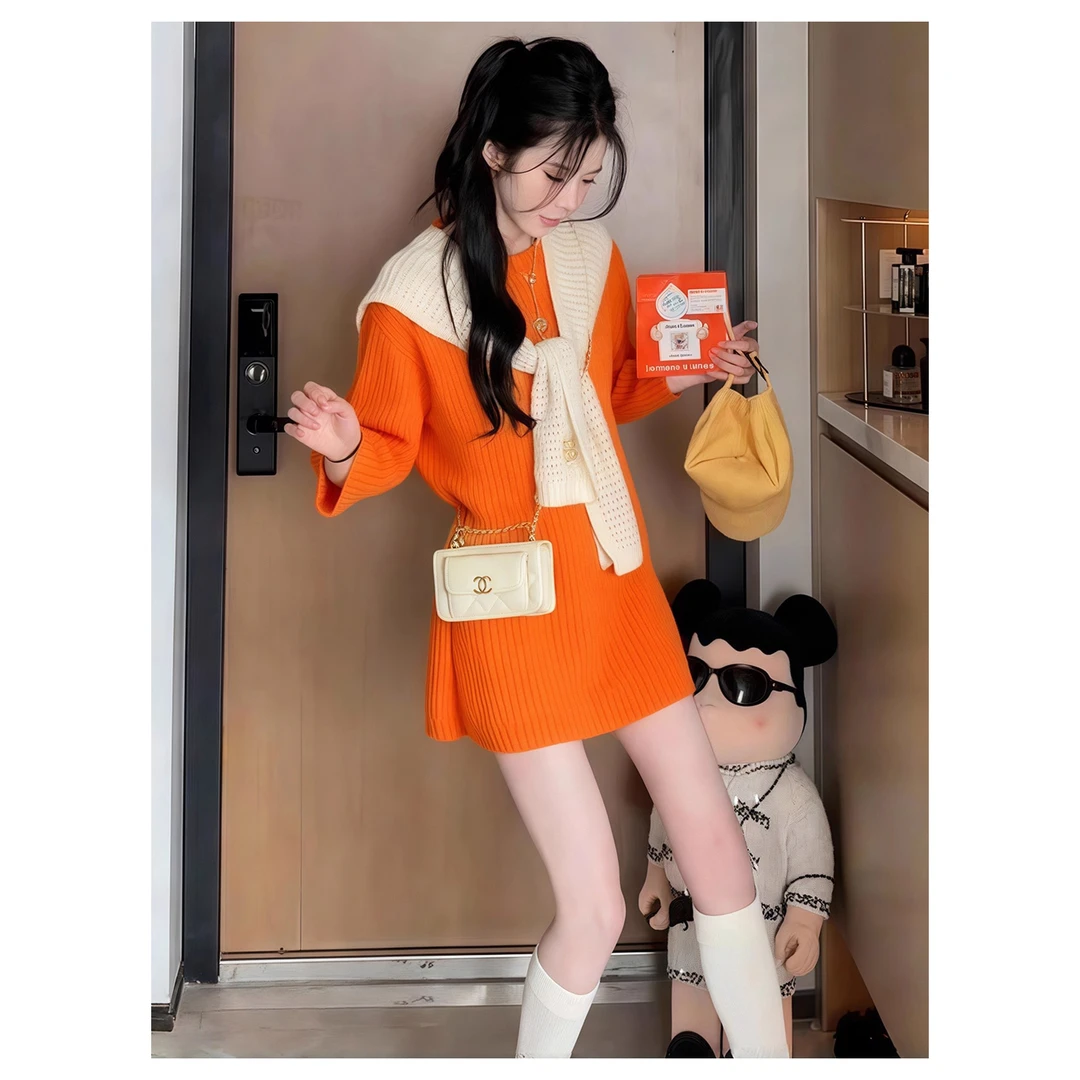 富家千金穿搭橘色短款针织短裙法式气质秋冬连衣裙套装女2025新款