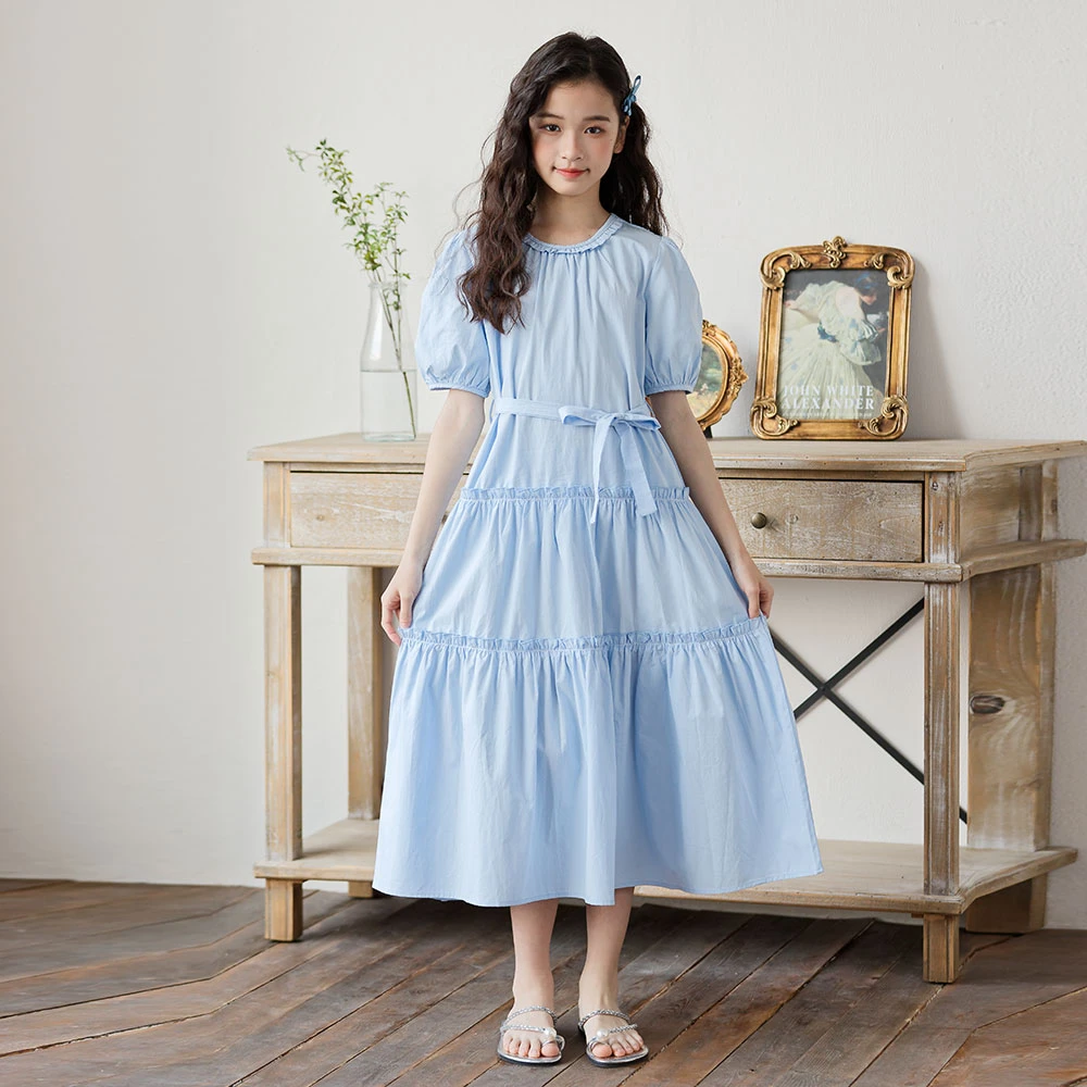 女童简约夏季连衣裙2025新款中大童韩版收腰木耳边裙子女孩气质裙