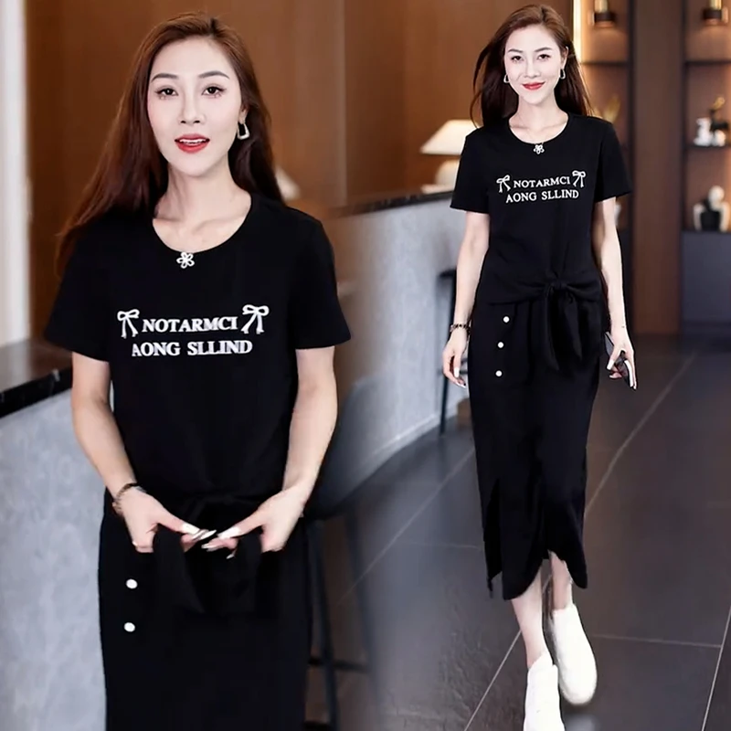 高含棉休闲设计感运动套装女2025年夏季新款字母上衣半身裙两件套