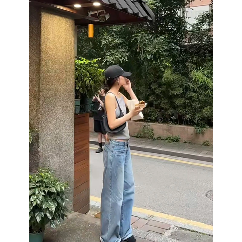 夏季纯欲设计感露背性感休闲百搭吊带背心上衣高腰直筒牛仔裤套装