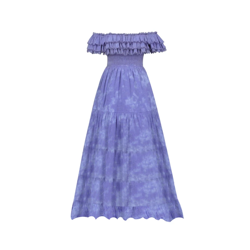 紫色扎染荷叶边连衣裙女夏季法式甜美海边度假大方得体中长裙子