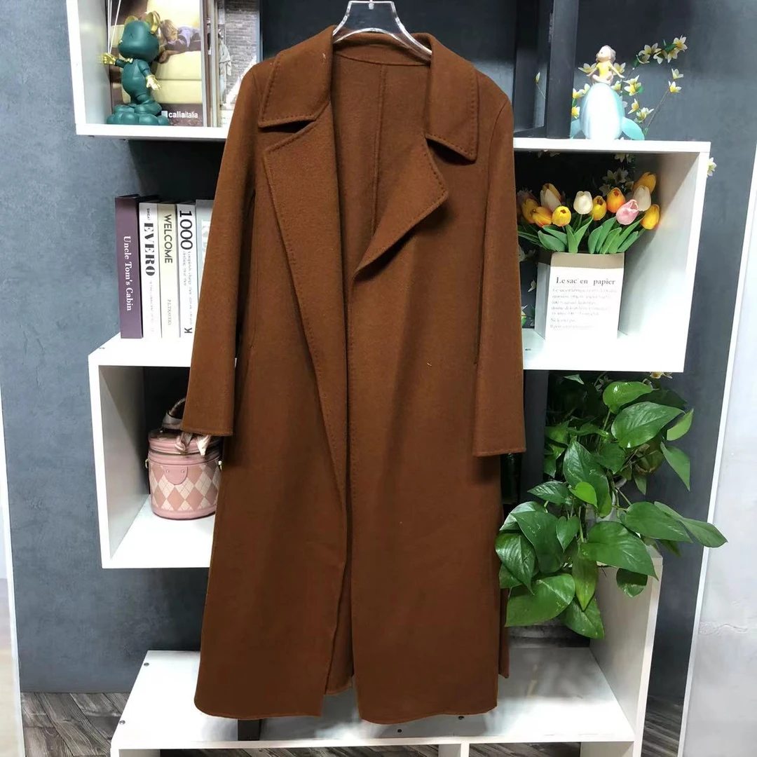 E1073【知后轻奢定制】时尚翻领焦糖色收腰开叉修身大衣