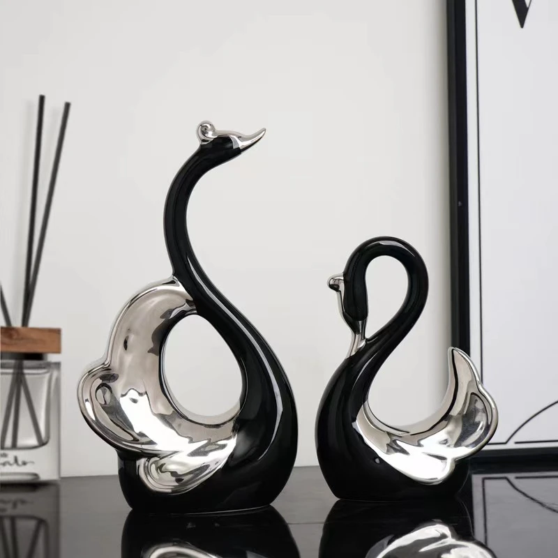 现代轻奢情侣黑白天鹅一对高档客厅玄关装饰品摆件寓意乔迁礼物