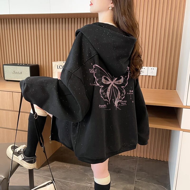 宽松慵懒风连帽拉链开衫卫衣女2025秋冬季韩版洋气炸街亮闪闪外套