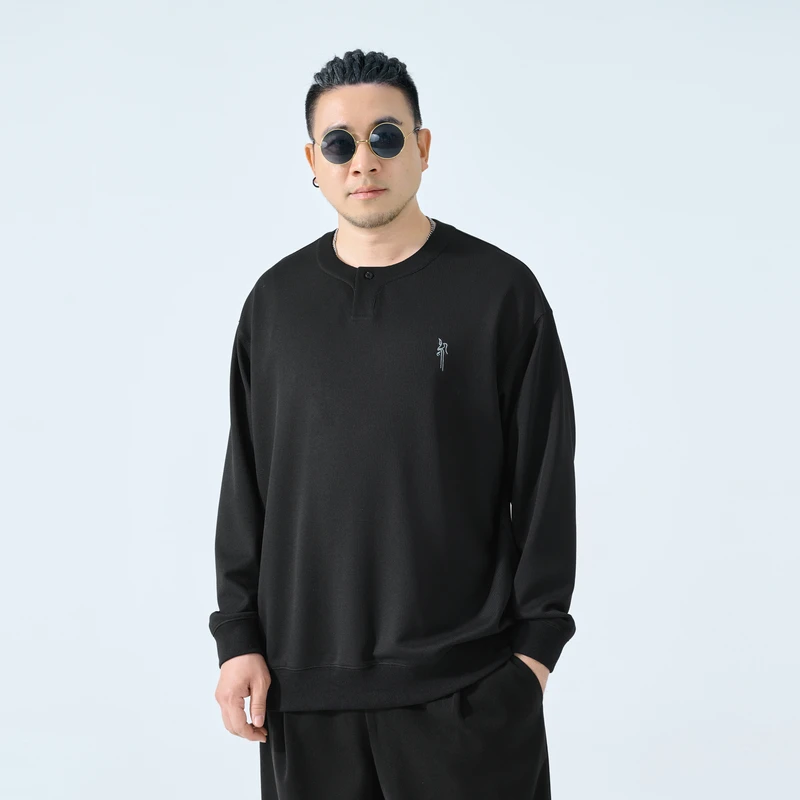 半墨大码男装中式宽松圆领长袖卫衣胖子男士秋季新款休闲上衣3256