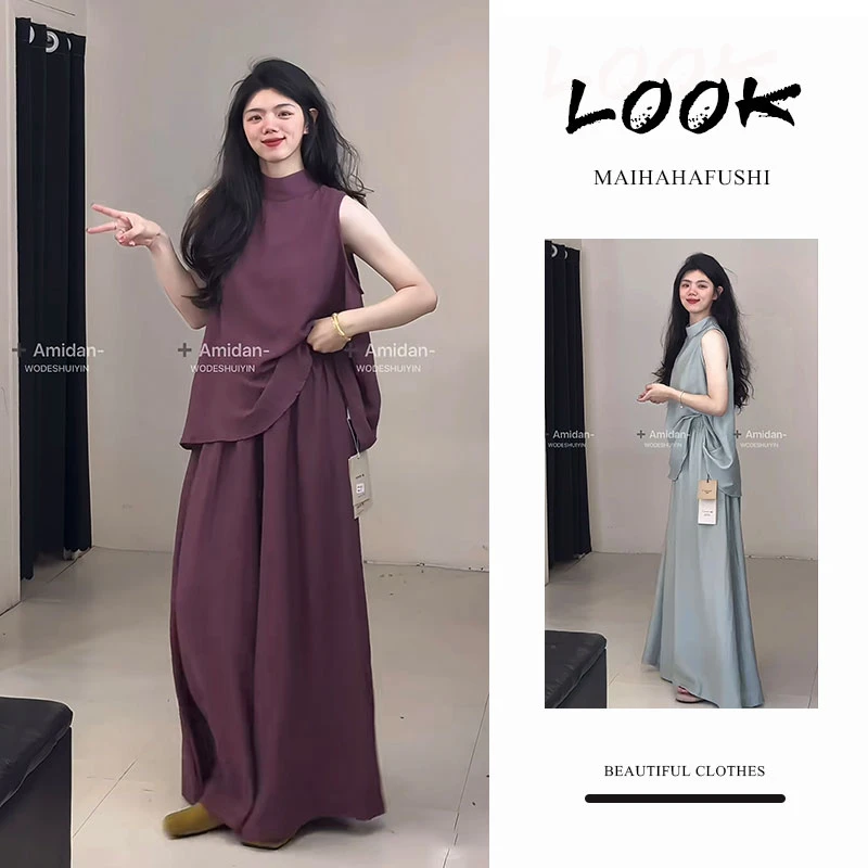 夏季一整套女装2025新款韩版高级感气质无袖衬衫上衣阔腿裤两件套