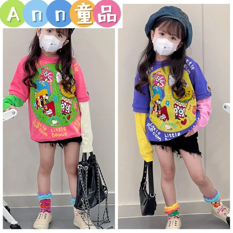 JAM春秋季新款卫衣洋气拼接假两件长袖卡通可爱男女童套头衫高货