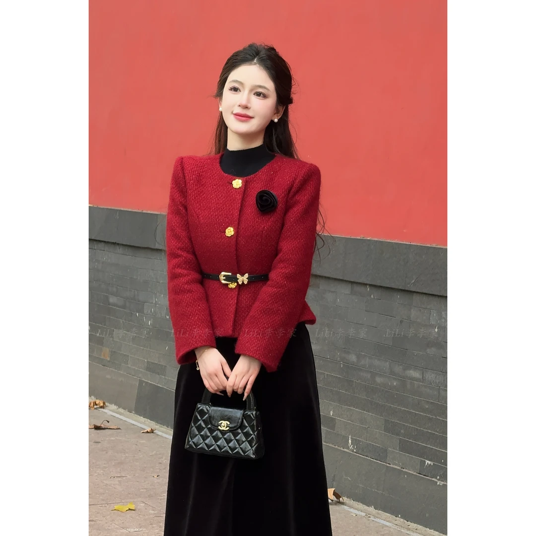 【红玫瑰】LiLi法式小香风红色加棉外套丝绒半裙套装XMZH5634