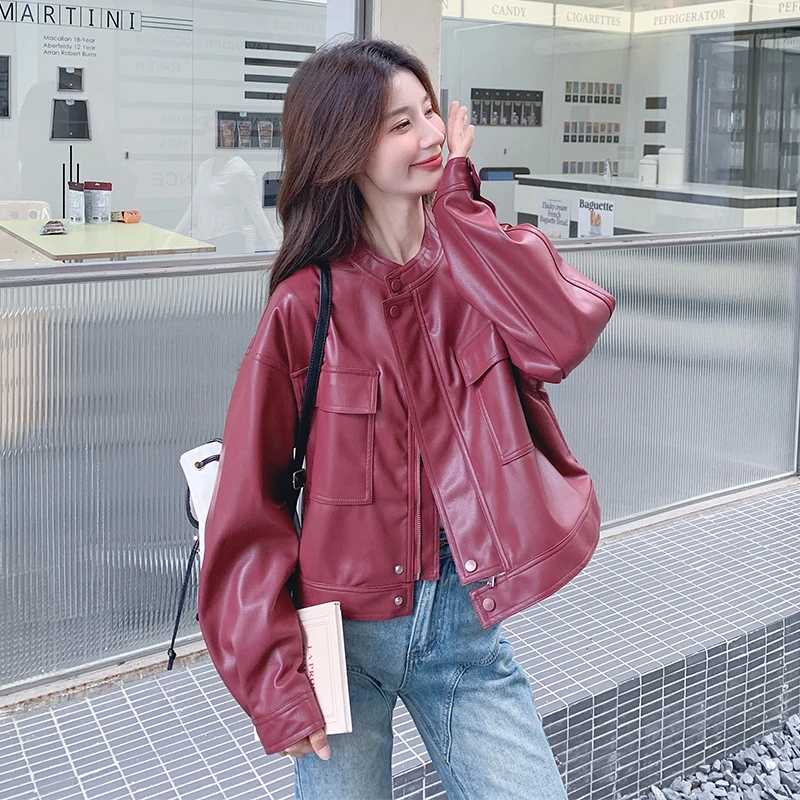 安可拉红皮衣外套女2025春秋新款帅气时髦炸街复古港风机车短上衣
