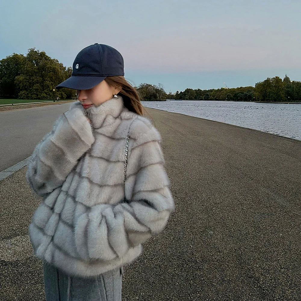慵懒云感立领切条拉链环保皮草水貂毛皮毛一体短款毛毛外套女冬季