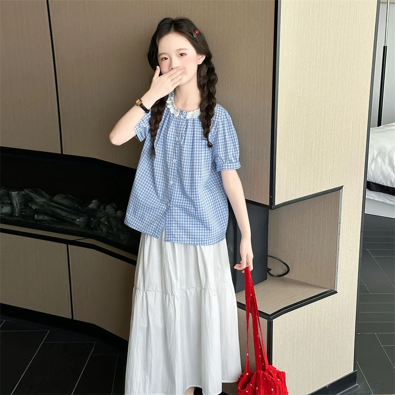 女童夏季套装2025新款洋气时尚格子短袖两件套6-12岁中大童夏款潮