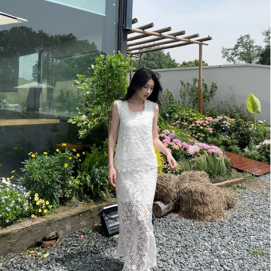 {三免一清仓福利}【米兰花语】夏季法式气质女神高级蕾丝连衣裙套装