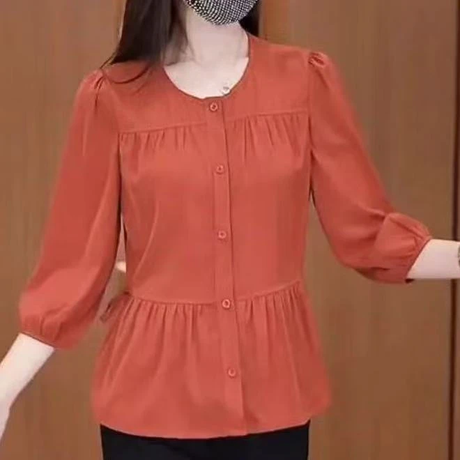 春秋新款女士洋气遮肚薄款时尚衫圆领宽松型漂亮显瘦七分袖纯色衫