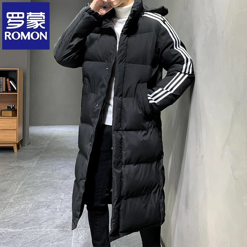 罗蒙潮流男士冬季长款带帽外套亮面冬季新款韩版绒丝长款加厚外套