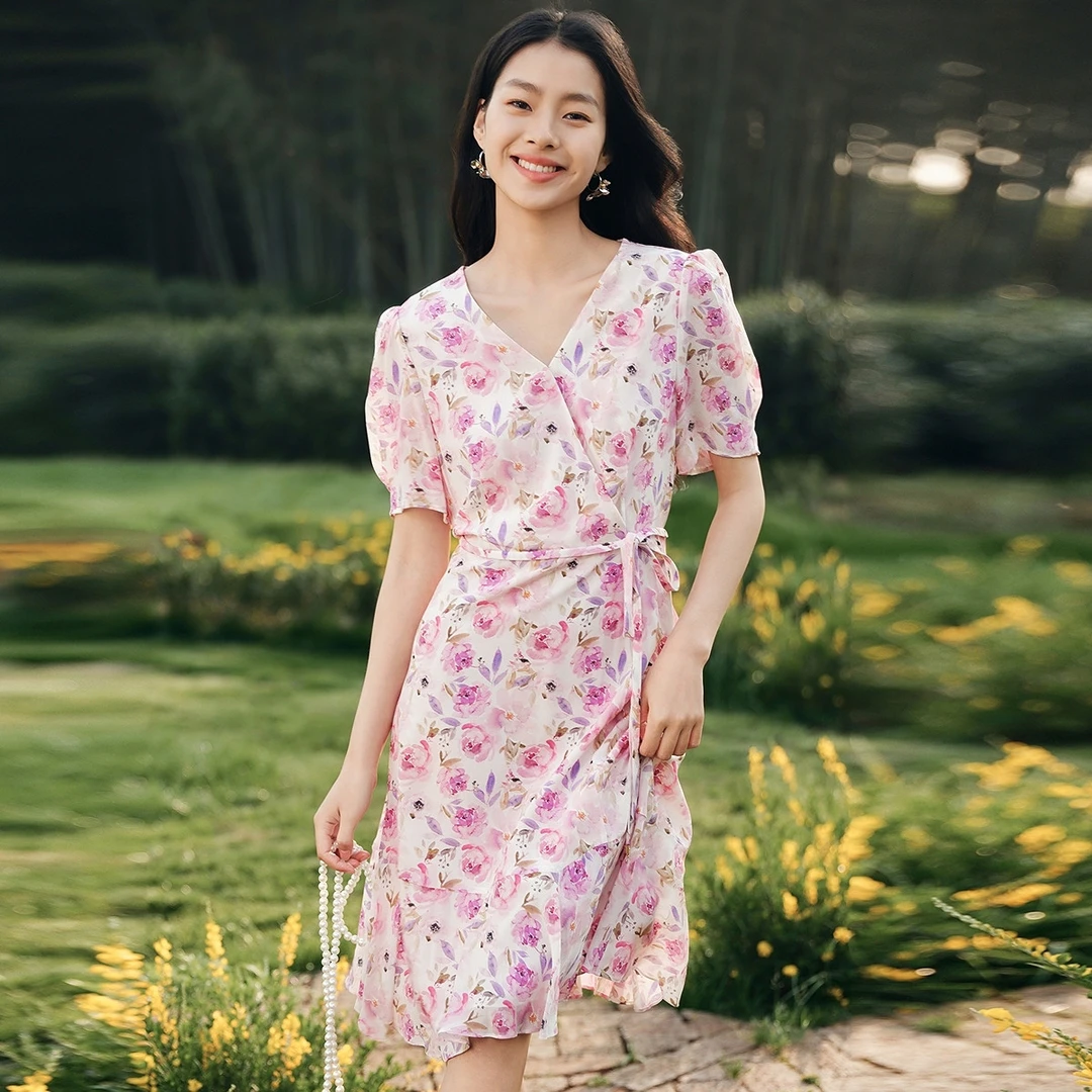 【丽公主专属】珂莱蒂尔夏季桑蚕丝茶歇裙子V领收腰连衣裙KF10855