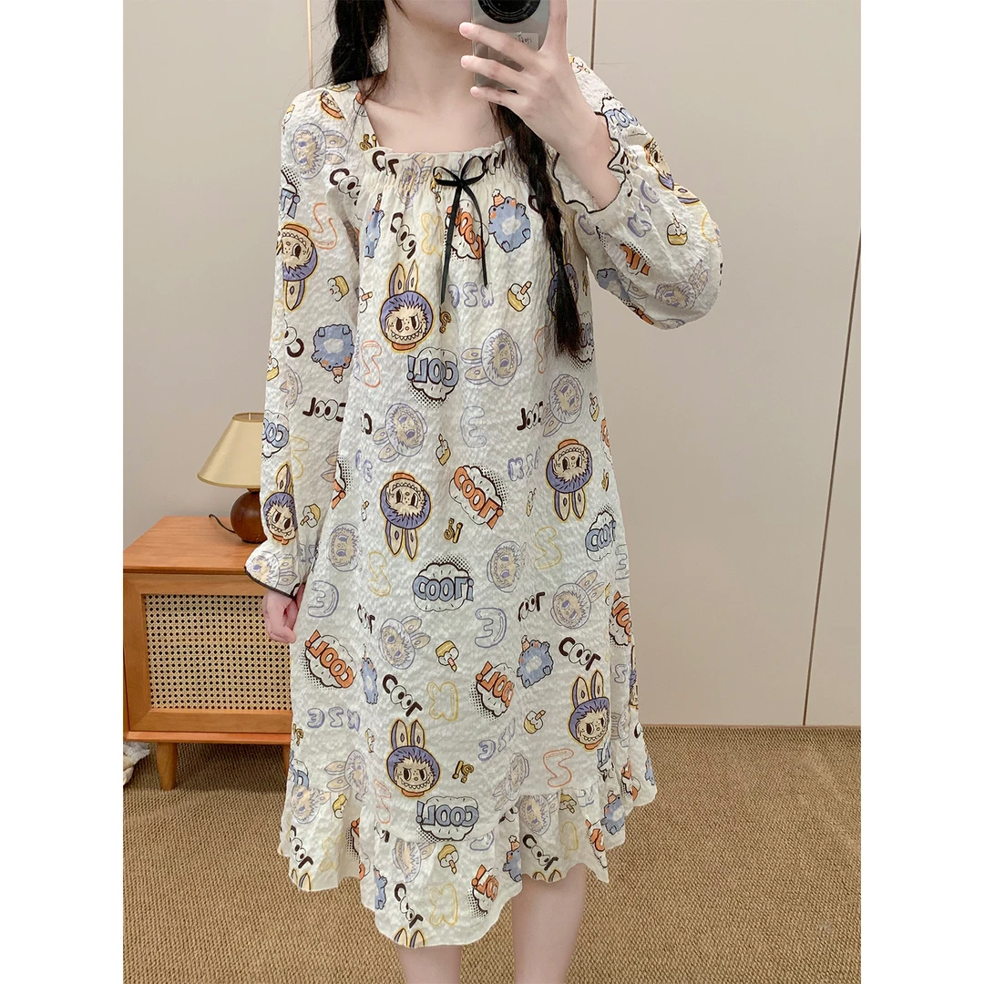 Meng luan/梦鸾睡裙女款春秋季带胸垫可爱卡通长袖睡衣睡裙家居服