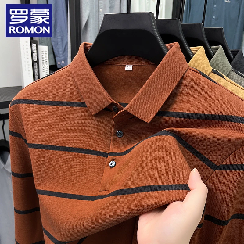 【纯棉】罗蒙商务休闲中年男士全棉长袖Polo衫春秋经典条纹百搭上衣
