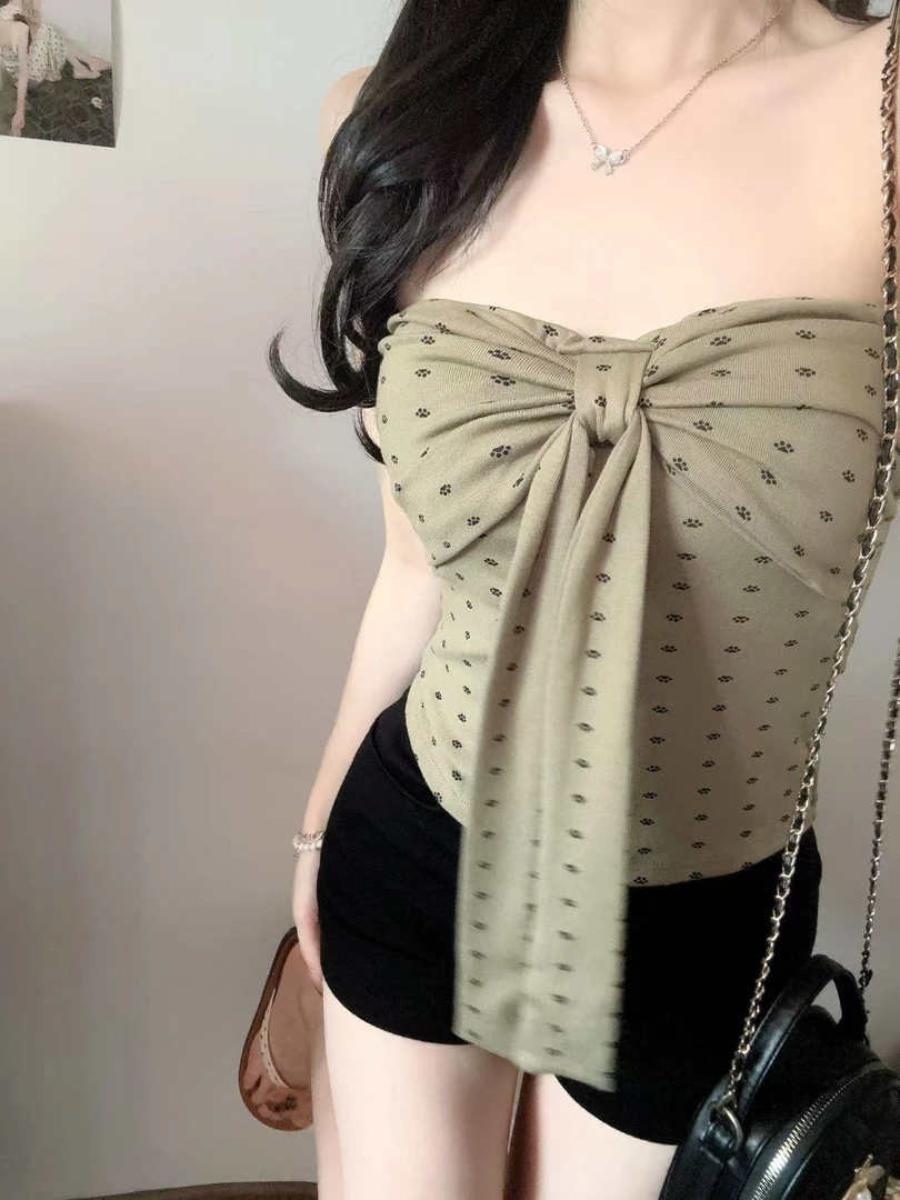 抹茶绿背心抹胸狗爪爪蝴蝶结系带女夏季修身显瘦无袖美背外穿上衣
