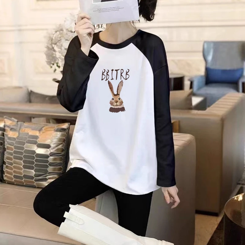 春秋百搭中长款遮屁股纯棉t恤女士印花拼接时尚撞色打底衫ins上衣