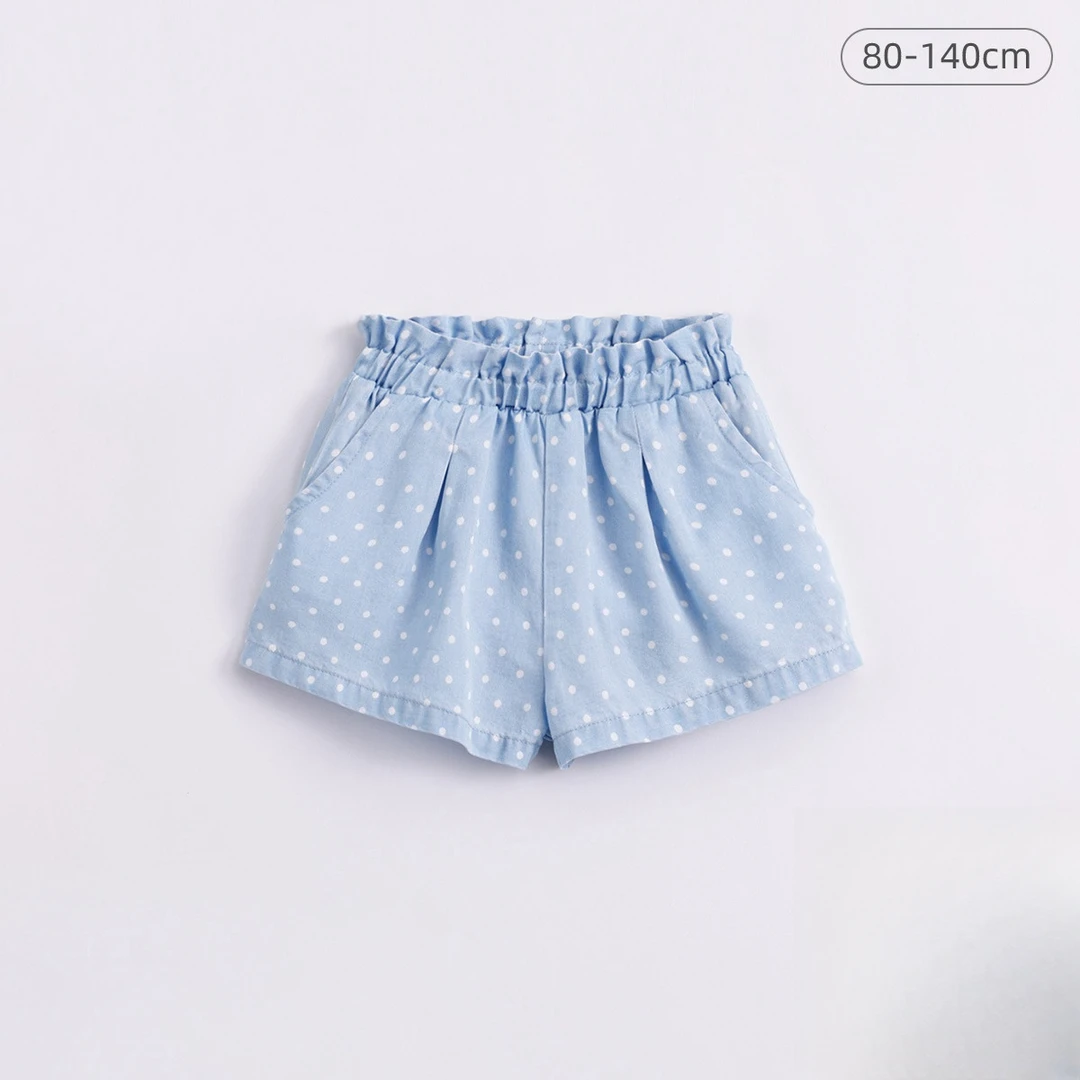 90-140码橙子家女童花边腰裤子透气天丝女童夏季波点休闲短裤