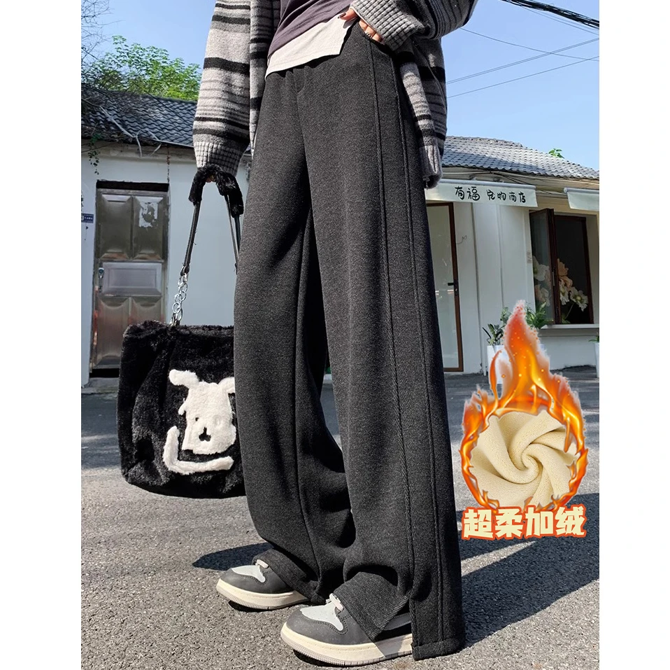 加绒加厚保暖休闲阔腿裤女2024冬季新款人字纹时尚开叉显瘦直筒裤