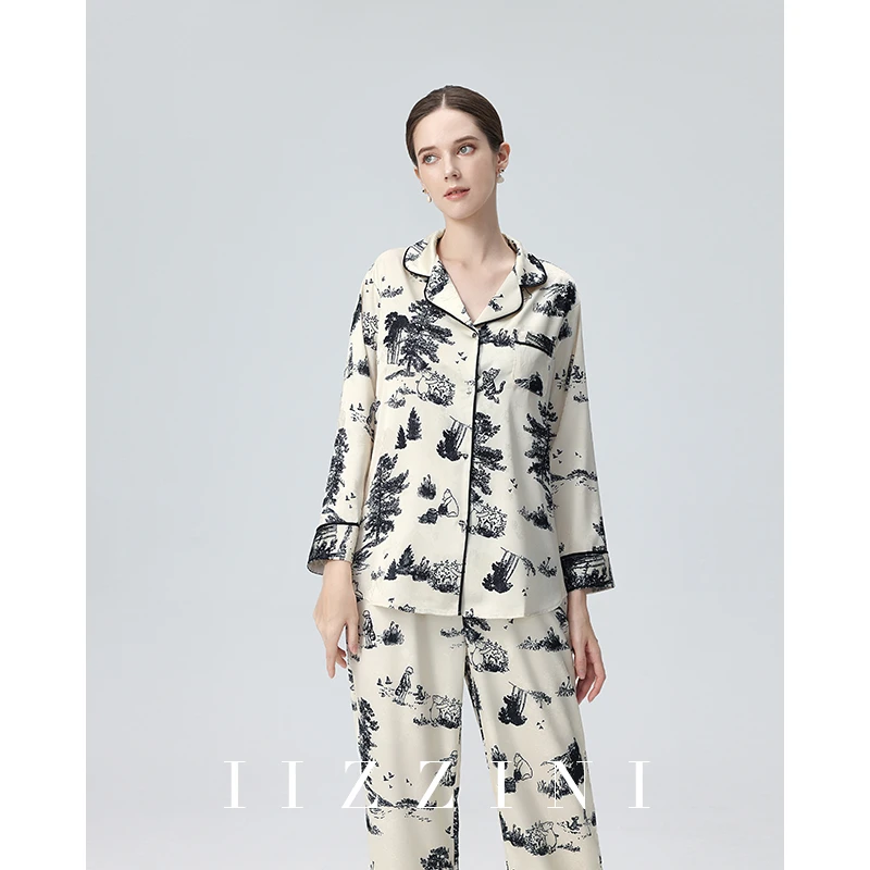 IIZZINI青松柏 睡衣女春秋长袖冰丝国风水墨提花奢华高级感套装