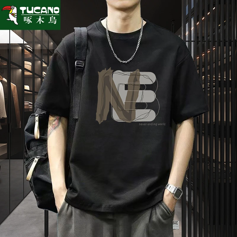 啄木鸟100%短袖t恤男夏季ins港风时尚潮流宽松休闲风大码上衣半袖