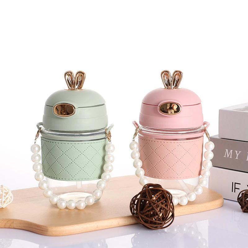 网红萌兔吸管手链玻璃杯可爱卡通女生便携杯子办公室咖啡饮料水杯