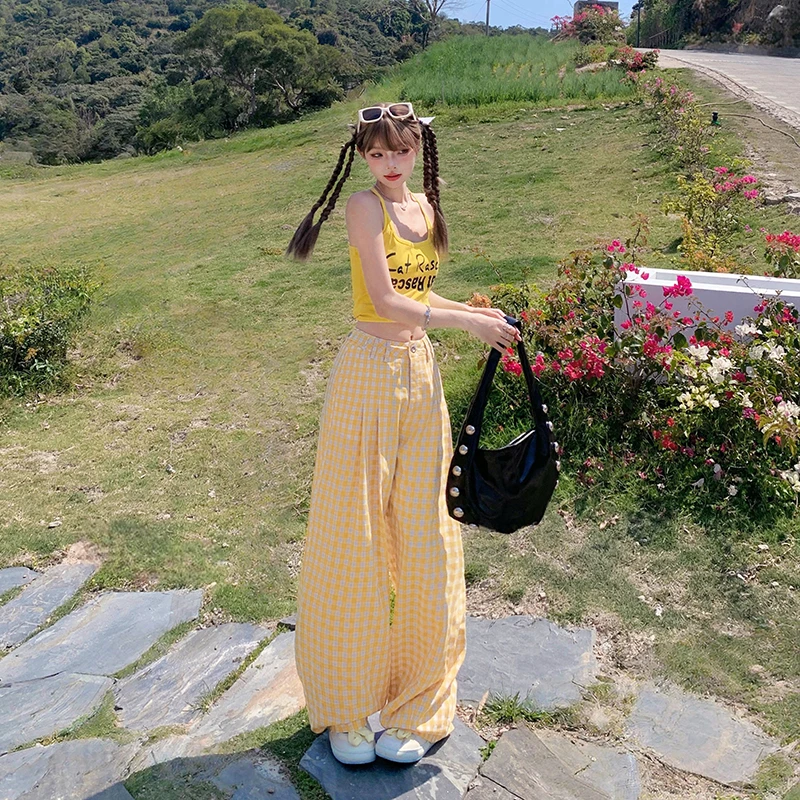 NORNLGGER 黄色格子直筒休闲裤女夏季2025新款显瘦高腰宽松阔腿裤