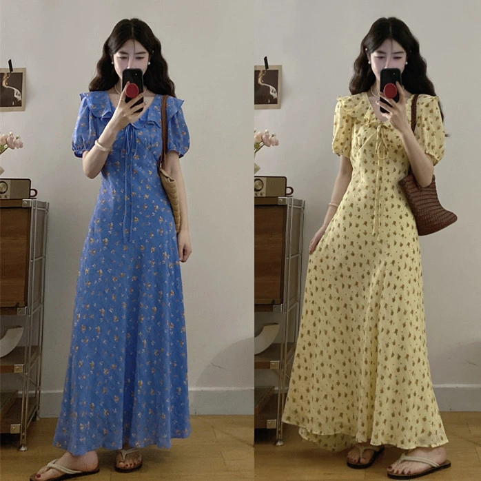 大码女装夏新款气质复古氛围碎花设计感系腰带显瘦度假连衣裙