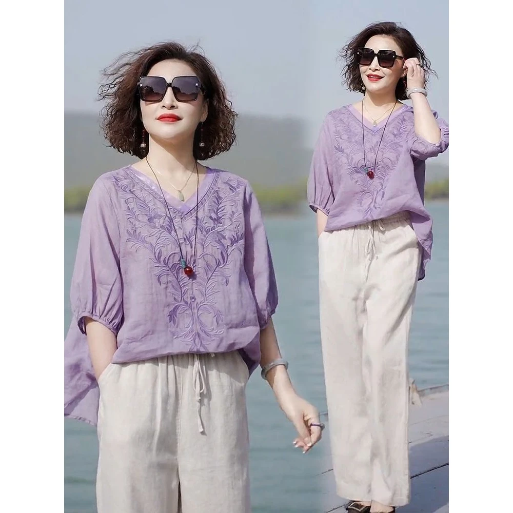 【现货+运费险】棉麻套装显瘦绣花短袖休闲阔腿裤两件套Y9337788